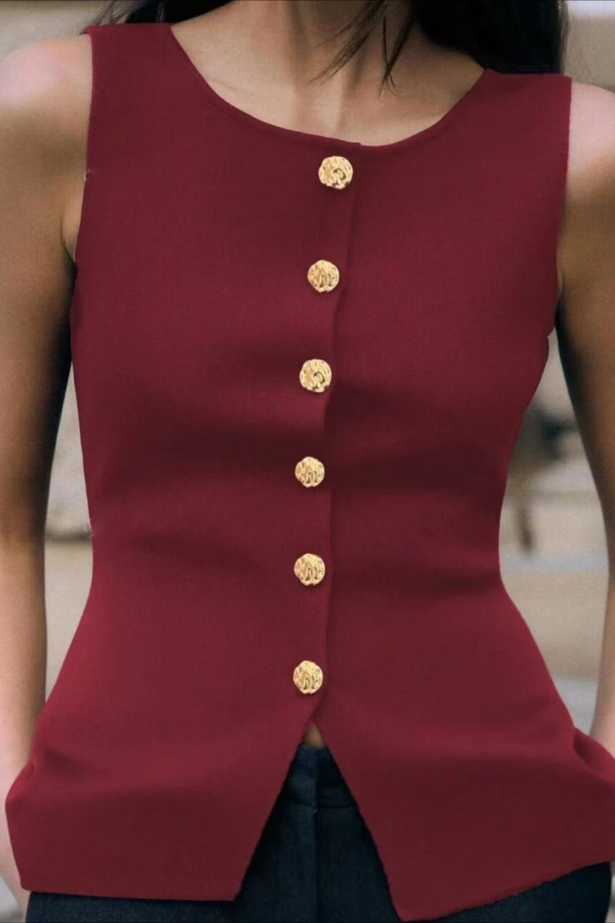 Round Neck Sleeveless Knit Button Front Tank Top