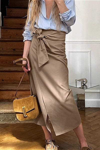 Vintage High-Waist Self-Tie Straight Midi Skirt