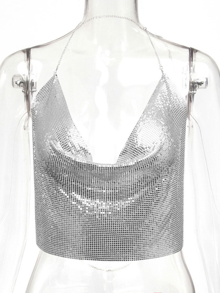 Sexy Straps Halter Metal Tops Sequin Clubwear Tops Sliver Sleeveless Spaghetti Straps Cami Draped Crop For Women