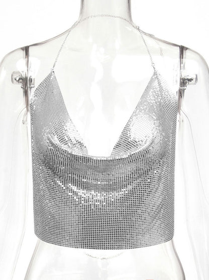 Sexy Straps Halter Metal Tops Sequin Clubwear Tops Sliver Sleeveless Spaghetti Straps Cami Draped Crop For Women