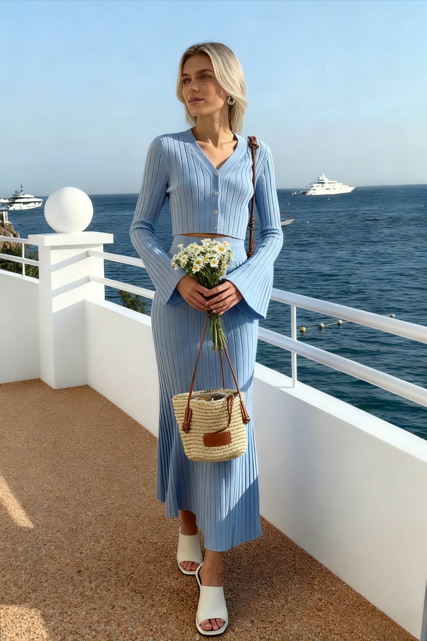 V Neck Knit Cardigan Slim Skirt Two Piece Set