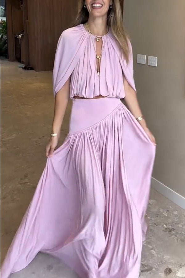 Venus Cutout Neck Slit Sleeve Crop Ruched Top and High Rise Pleated Maxi Skirt Set