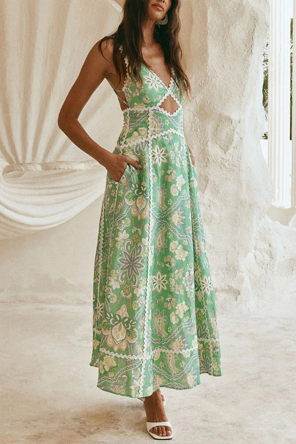 Linen Blend Unique Print V-neck Sleeveless Cutout Waist-cinching Maxi Dress