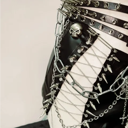 PU leather metal chain skull applique belt mini skirt set