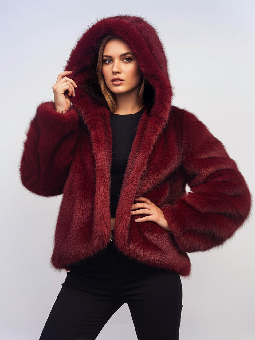 Burgundy Hooded Faux Fur Jacket For Women 2026