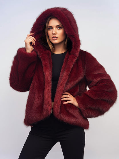 Burgundy Hooded Faux Fur Jacket For Women 2026