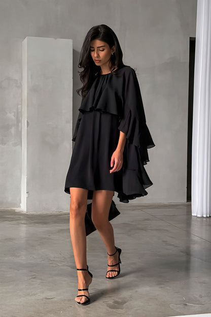 Tiered Ruffle Cape Sleeve Crew Neck Shift Mini Dress