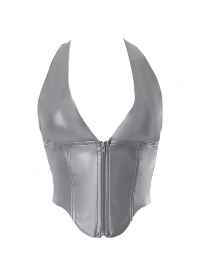 Zip Backless V Neck Halter Vest