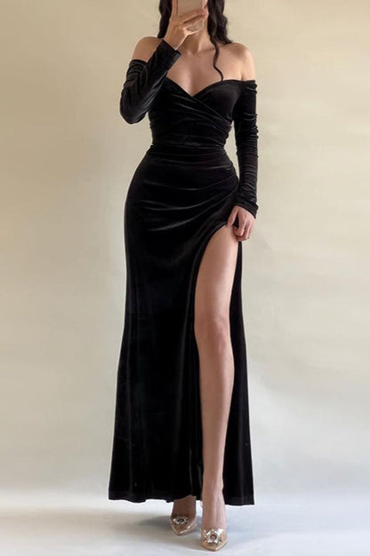 Sexy Off Shoulder High-Slit Velvet Formal Dress