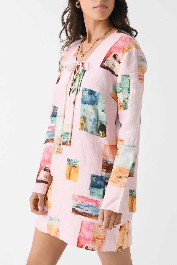 Coastal Cove Linen Blend Unique Print Tie-up Neck Long Sleeve Loose Mini Dress