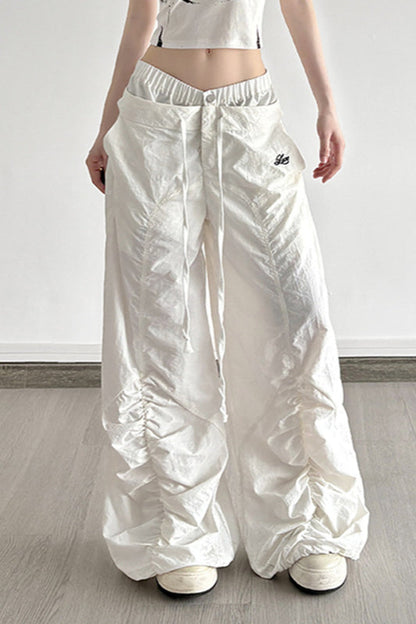 White Drawstring Wide-Leg Cargo Pant