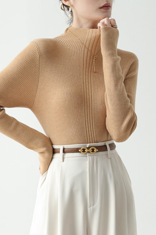 Elegant Apricot Mock Neck Long-Sleeve Pullover Knit Top