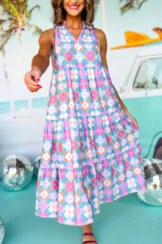 Sky Blue 60s Flower Split Neck Sleeveless Tiered Maxi Dress