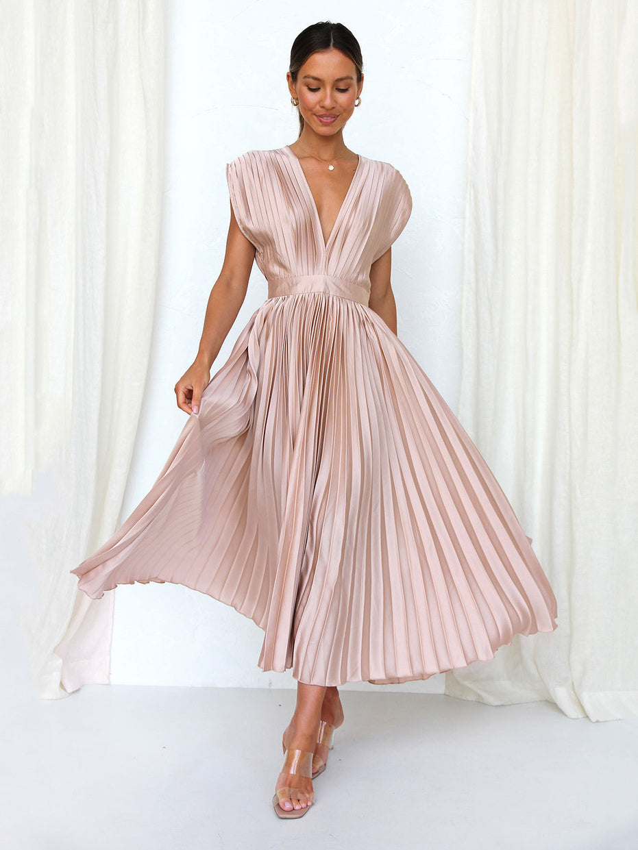 Midi Dress V-Neck Sleeveless Casual Oversized Pleated Party Prom Dress