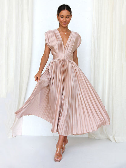 Midi Dress V-Neck Sleeveless Casual Oversized Pleated Party Prom Dress