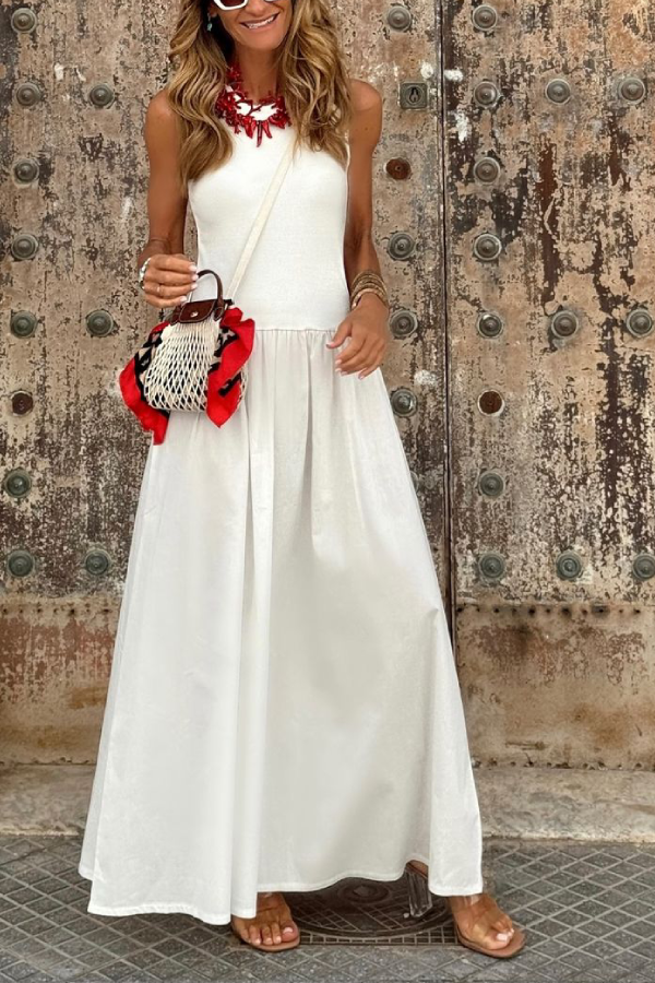 White Waist Loose Hem Sleeveless Round Neck Long Dress