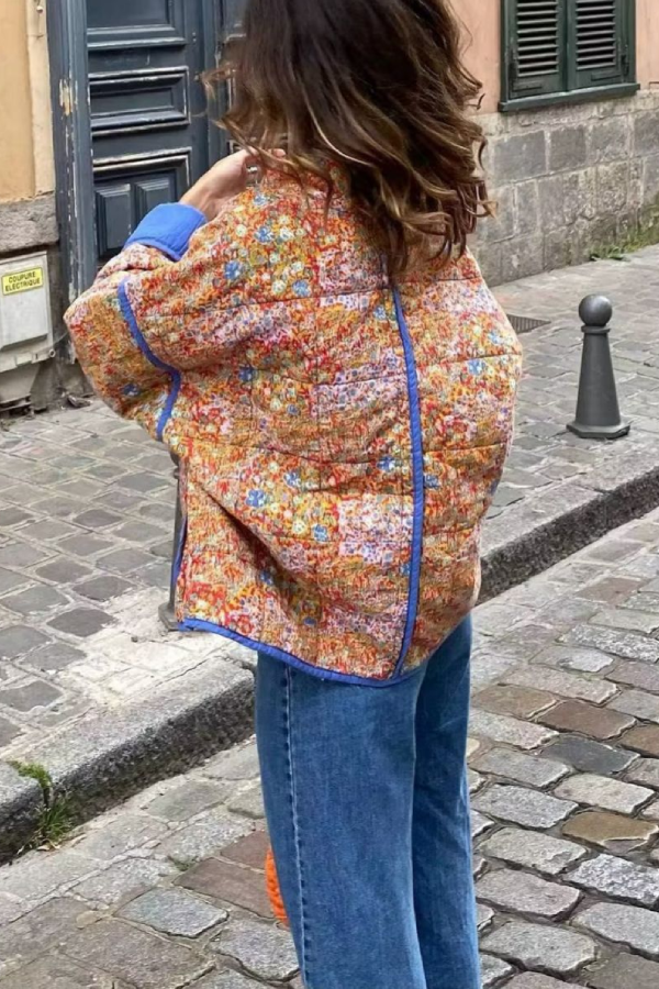 Printed Colorblock Large Pocket Stand Collar Quilted Cotton Jacket