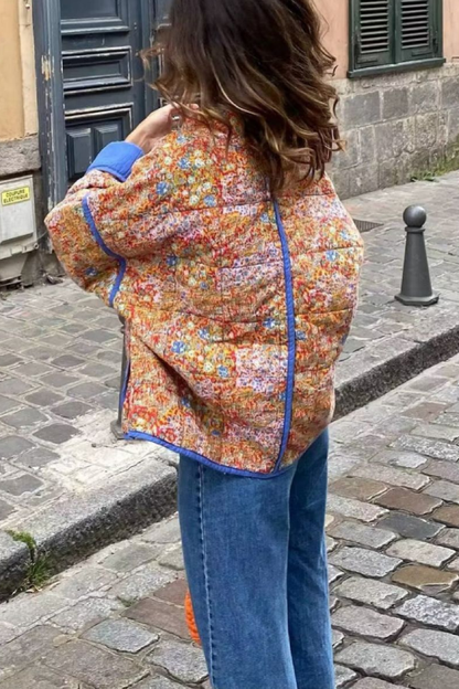 Printed Colorblock Large Pocket Stand Collar Quilted Cotton Jacket