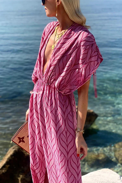 Printed Drawstring Design Kimono Beach Maxi Dress