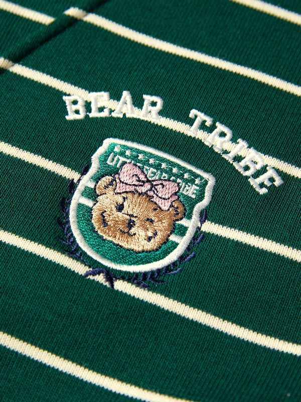 Stripe Print Bear Embroidery Shirt Neck Oversized Hoodie