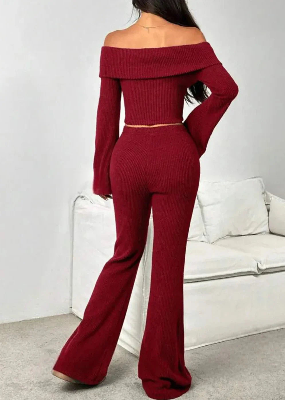 Burgundy Off-the-Shoulder Ribbed Knit Set