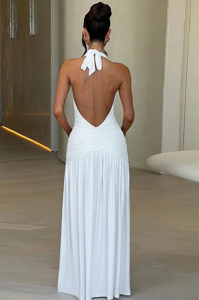 Halter Plunging V-Neck Ruched Twist Waist High Slit Maxi Dress