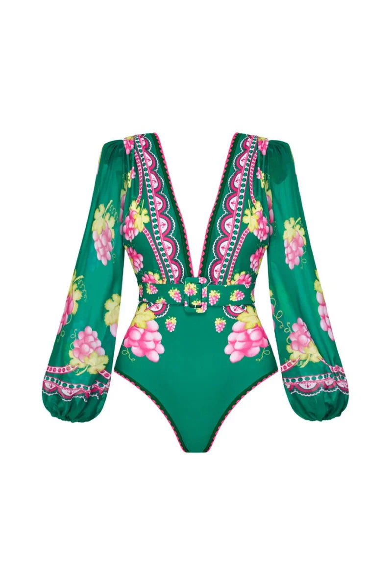 Deep V Retro Print Long Sleeve Swimsuit Set