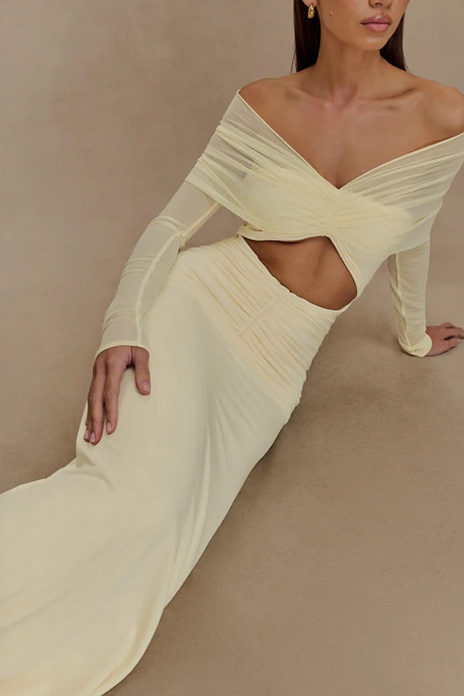 Off-the-Shoulder Mesh Sleeve Waist Cutout Ruched Maxi Dress