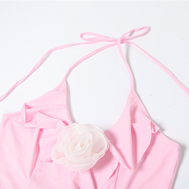 Halter self tie flower applique lace ruffle top