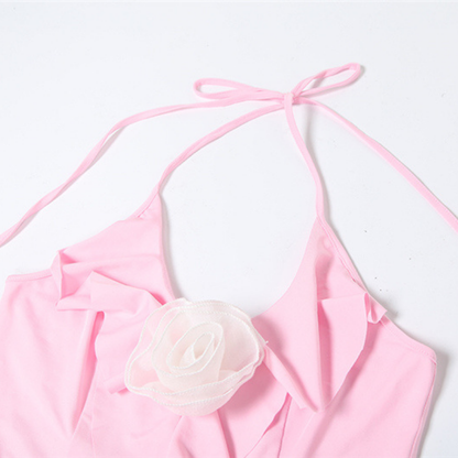 Halter self tie flower applique lace ruffle top