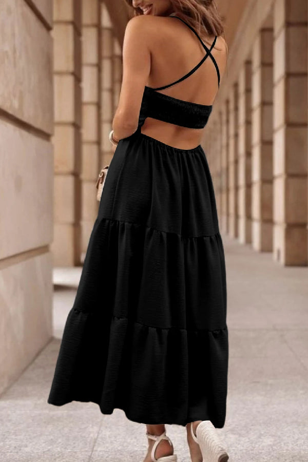 Oatmeal Crossover Backless Bodice Tiered Maxi Dress