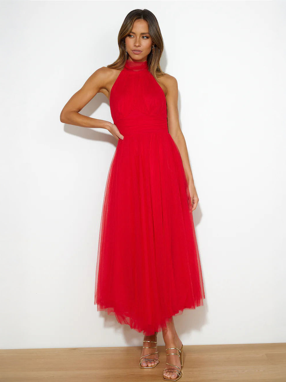 Tulle Midi Dress Halter Pleated Empire Waist Open Back Elegant Prom Dresses