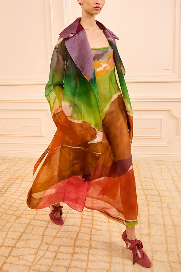 Vibrantly Color Organza Printed Tie-Waist Pocket Lapel Mid-Length Trench Coat