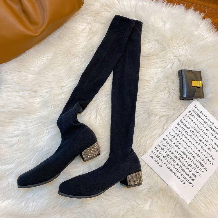 Womens Thigh High Stretch  Breathable Pointed Toe Rhinestone Thick Heel Knitting Sock Boots