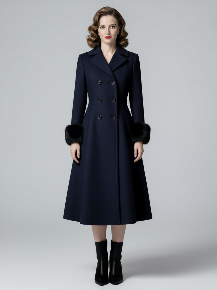 Wool Blend Double-breasted Midi Flared Coat with black Faux Fur Cuffs For Women 2026