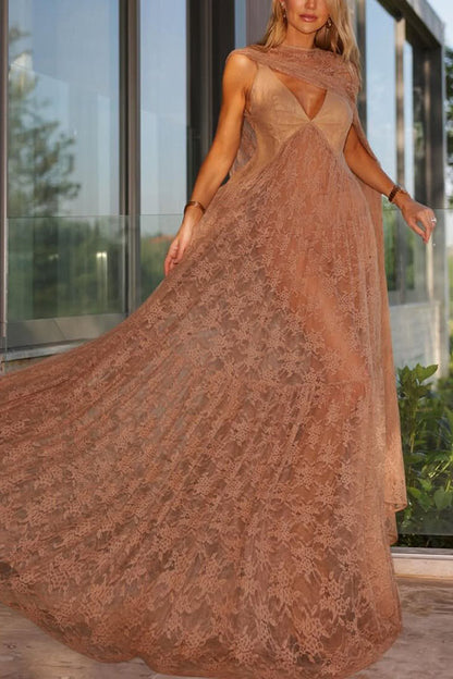 Carissa Floral Lace V-neck Wide Shoulder Straps A-line Maxi Dress