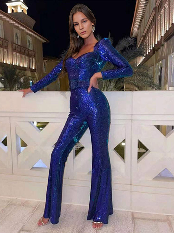 Sequins Jumpsuit Sweetheart Neck Long Sleeves Belted Sexy Playsuit