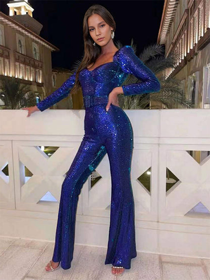 Sequins Jumpsuit Sweetheart Neck Long Sleeves Belted Sexy Playsuit