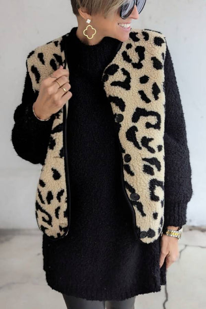 Women's Leopard Print Front Opening Casual Autumn and Winter Vest Jacket