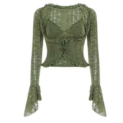 Long flared sleeve lace hem v neck ruffle top