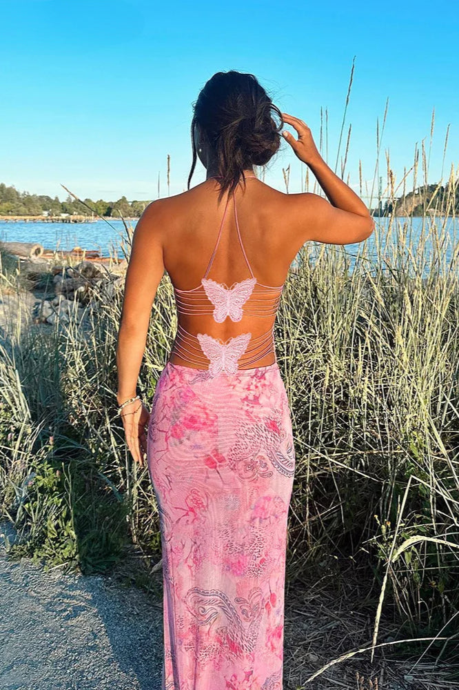 Butterfly Lace Applique Crisscross Back Abstract Print Bodycon Midi Dress