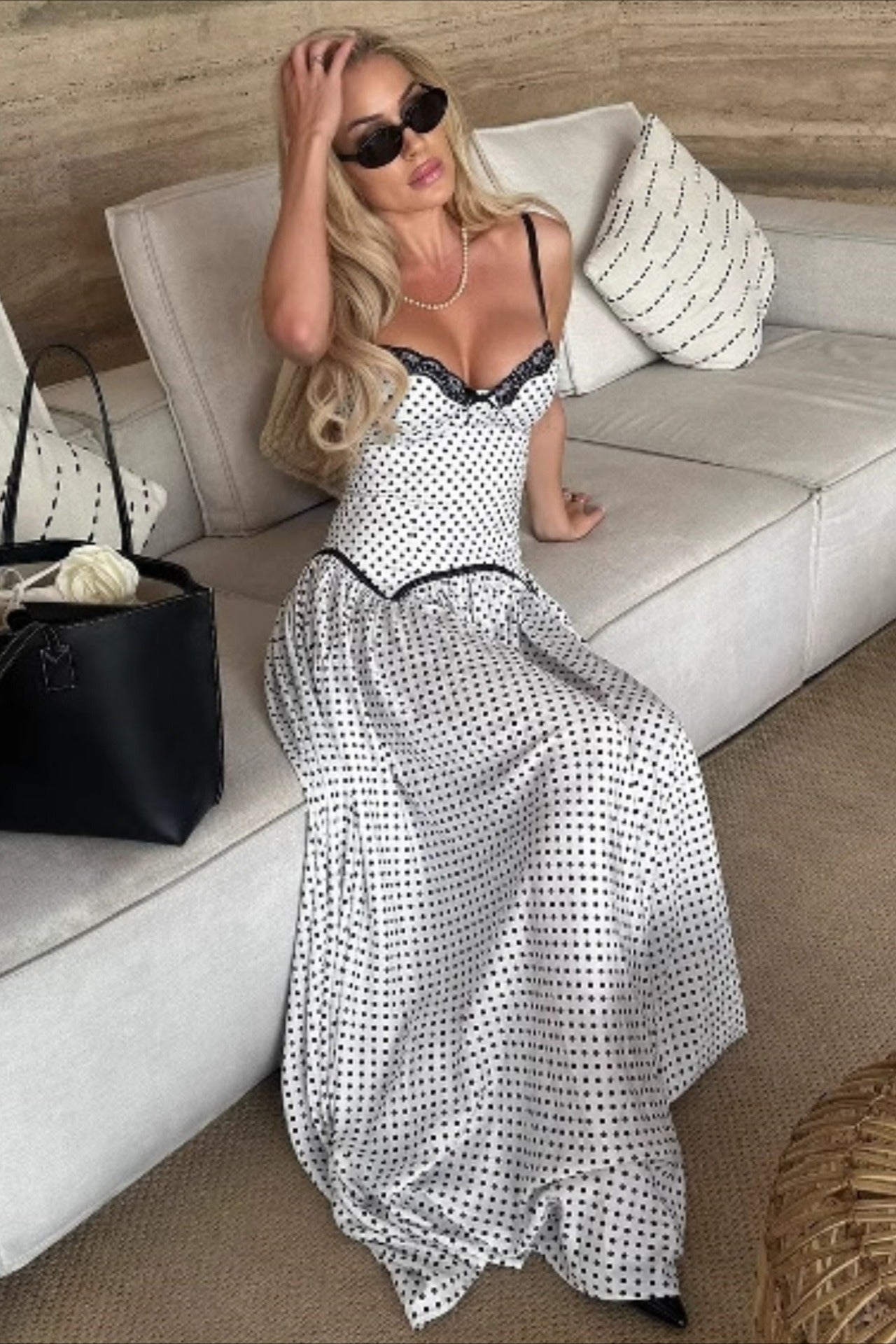 Spaghetti Strap Lace Polka Dot Maxi Dress