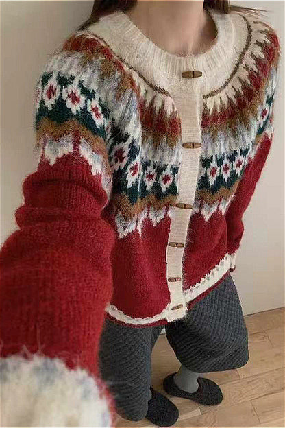 Crew Neck Fair Isle Christmas Horn Button Knit Cardigan