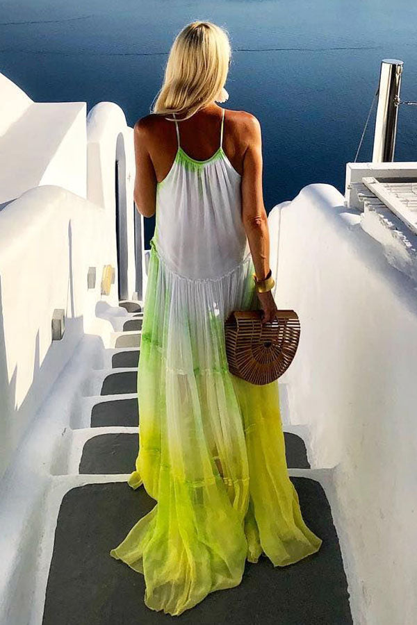 Island Evenings Gradient Print Tassel Halter Maxi Dress