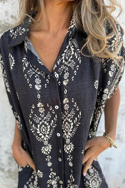 Linen Blend Unique Print Lapel Casual Pocket Mini Dress