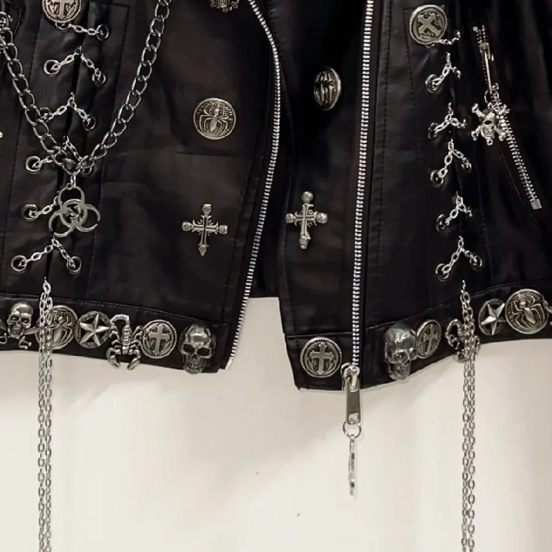 Long sleeve metal chain zip-up PU leather top