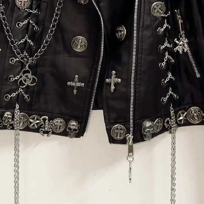 Long sleeve metal chain zip-up PU leather top