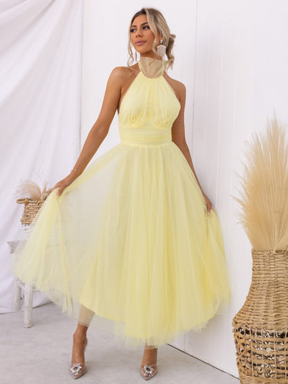 Tulle Midi Dress Halter Pleated Empire Waist Open Back Elegant Prom Dresses
