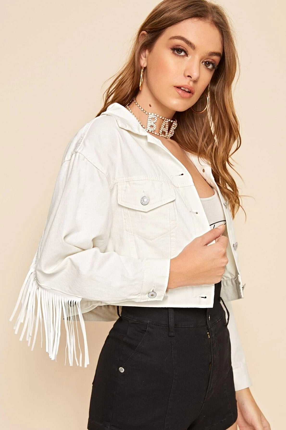 Casual White Fringe Denim Jacket
