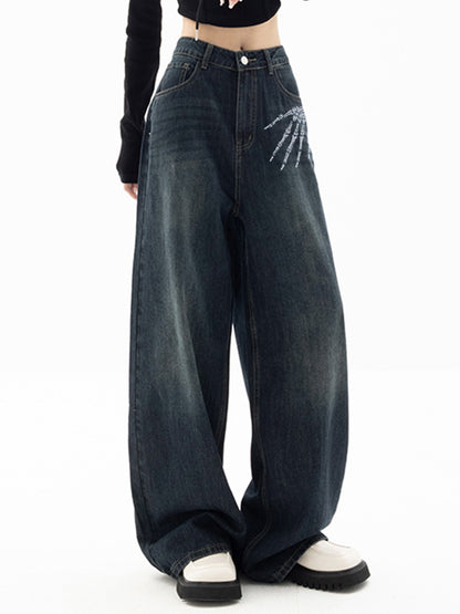 Washed Skull Print Boyfriend Jeans